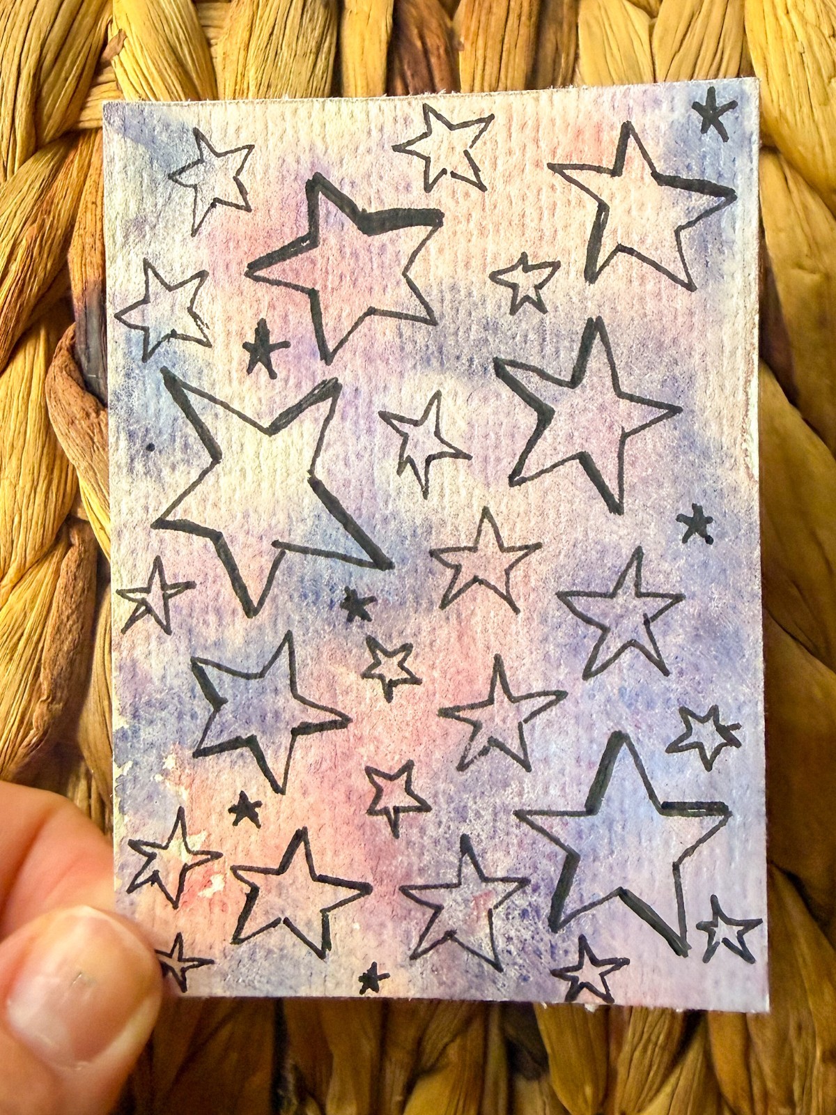 ACEO Art Card Original Signed Watercolor  & Ink Painting 2.5 x 3.5 \'Stars\'
