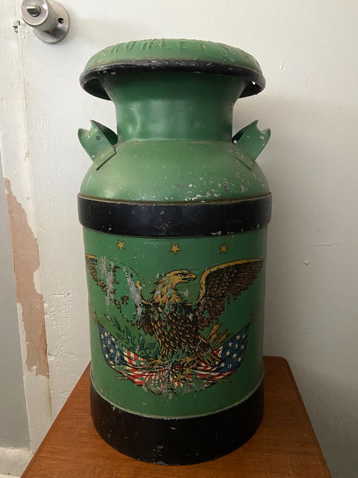 Antique CROWLEY\'S Large Steel Green Milk Can With Colonial American Eagle USA