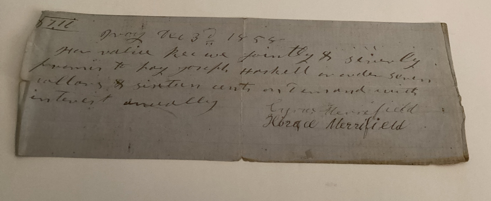 Handwritten Receipt Document ID Signed Horace Merrifield Troy 1858 Antique Handwritten Receipt Document ID Signed Horace Merrifield Troy 1858 Antique
