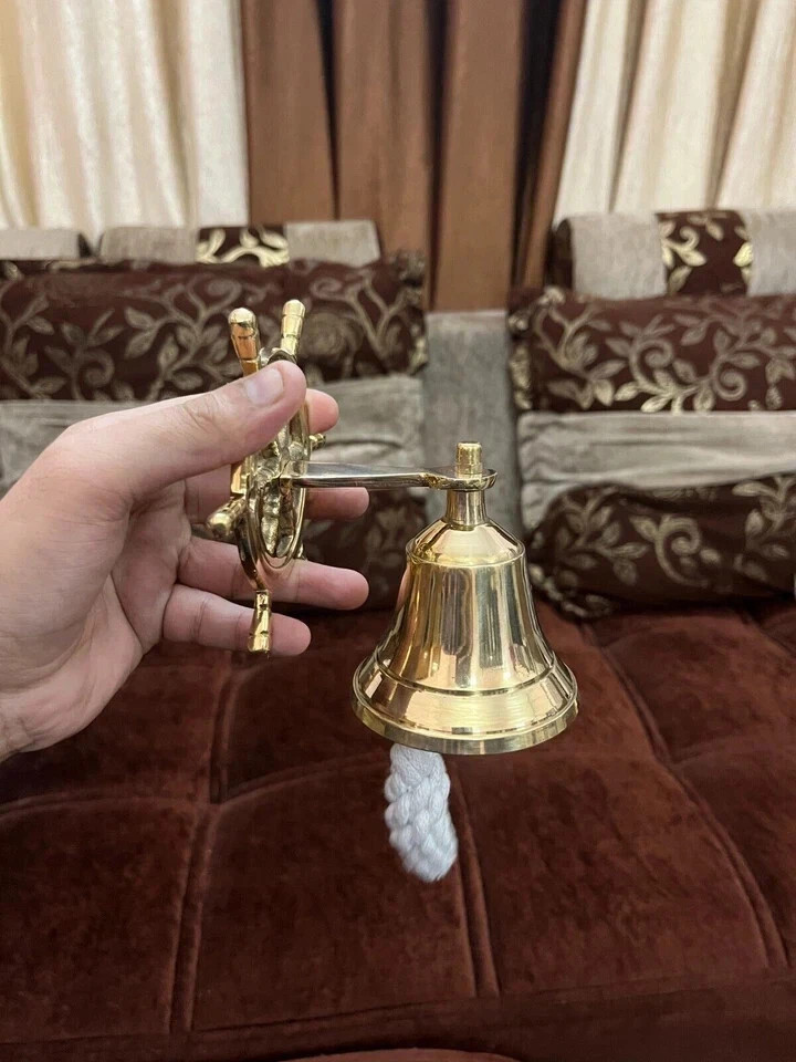 Antique Brass Ship Bell Nautical Hanging Door Bell With Wall Mounted Bracket