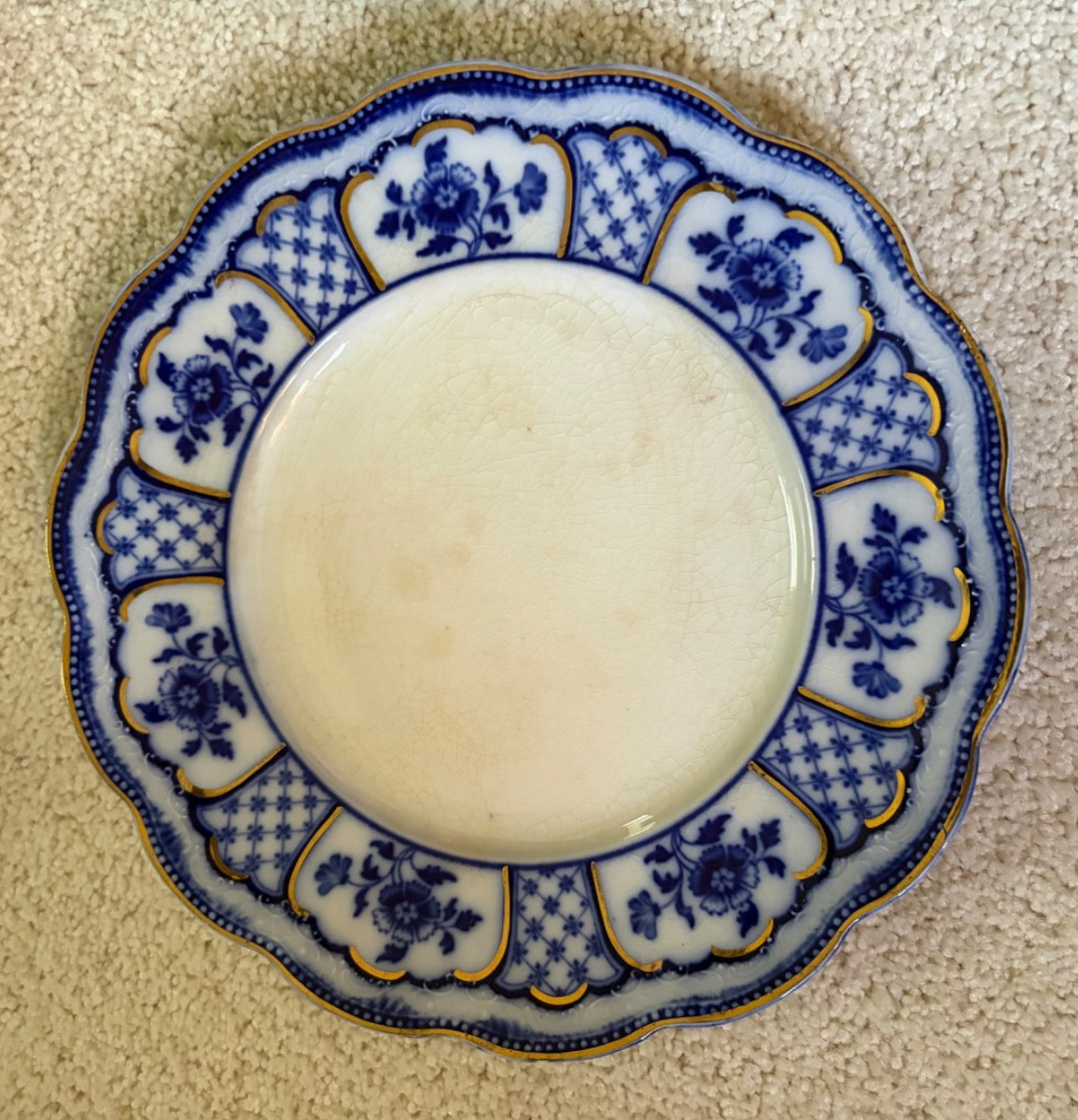 Flow blue Melbourne WH Grindley staffordshire scalloped gold gild dinner plate