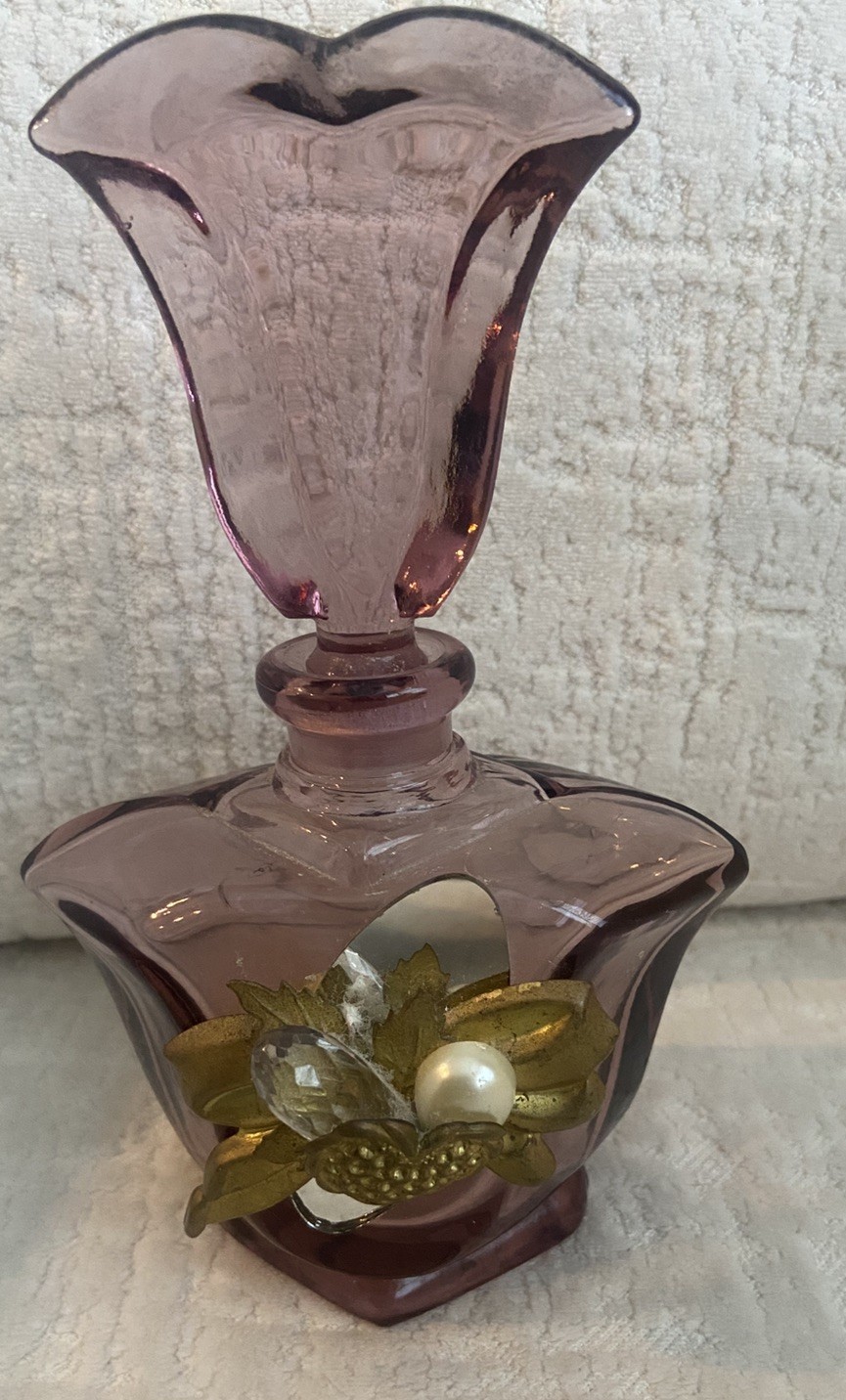 VTG Jeweled Geometric Perfume Bottle Purple Glass 6.5” Enamel & Pearl VGC VTG Jeweled Geometric Perfume Bottle Purple Glass 6.5” Enamel & Pearl VGC