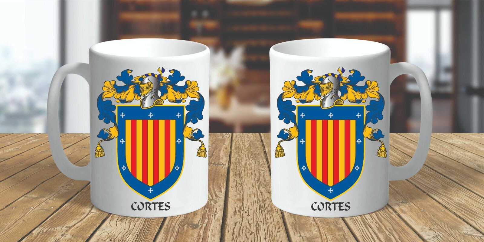 HERALDRY COAT OF ARMS ~ CORTES FAMILY CREST ~ CERAMIC MUG 11oz.