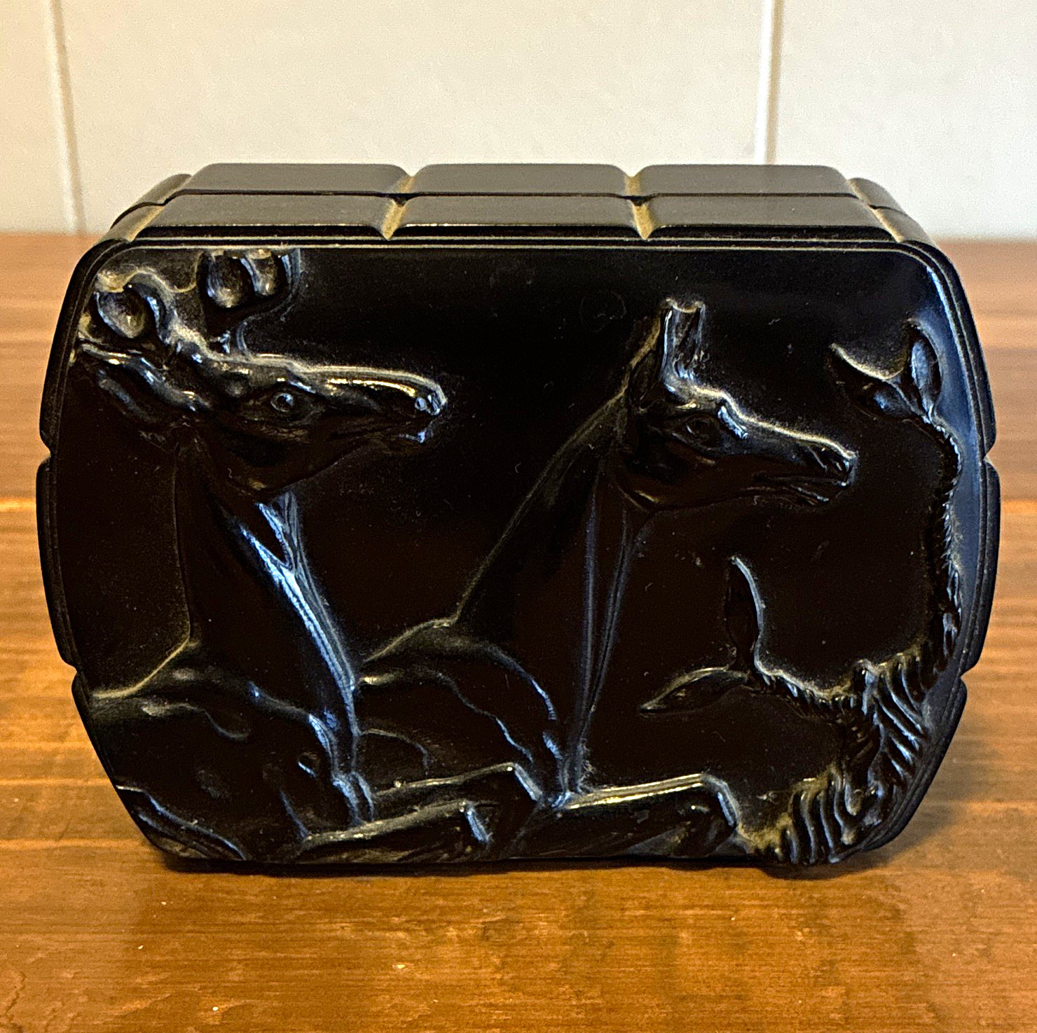 VTG Black Lidded Trinket Box with Deer Relief Design, Made in USA