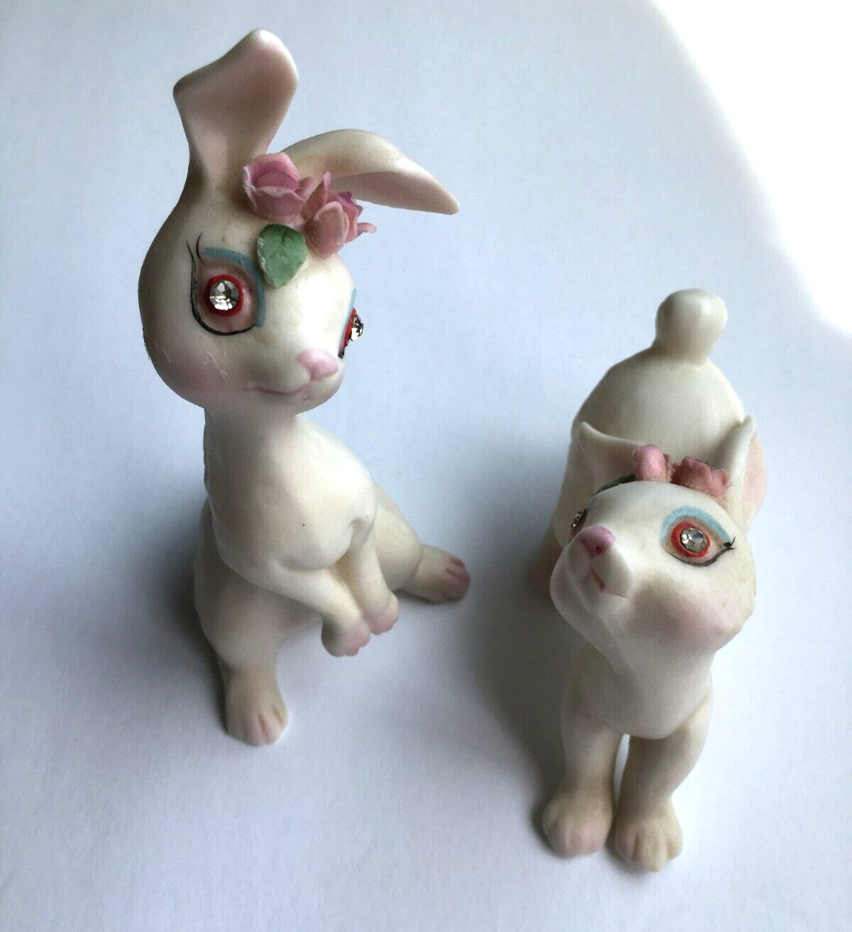 Vintage Lefton White Rabbits w/ Rhinestone Eyes & Pink Flower Hat: Set of 2