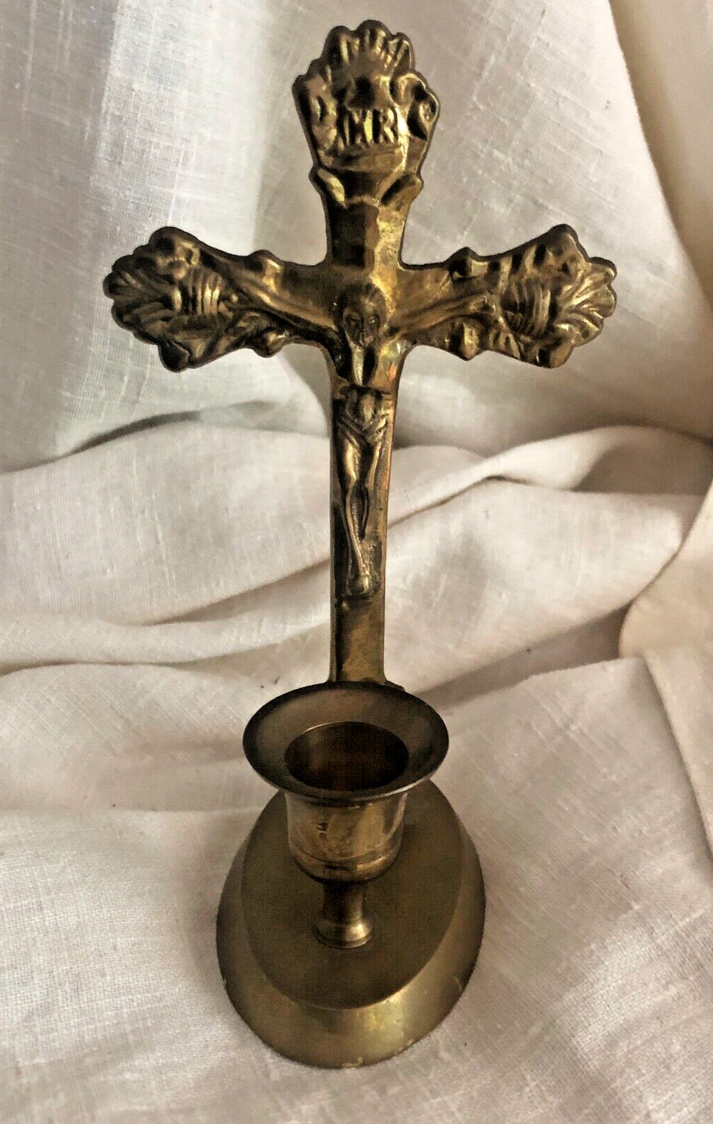 Vintage Candleholder Crucifix Brass 6.5\