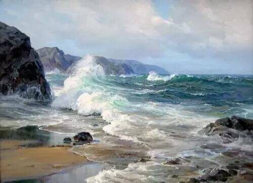 Dream-art Oil painting seascape huge waves Stormy sea perilous situation canvas