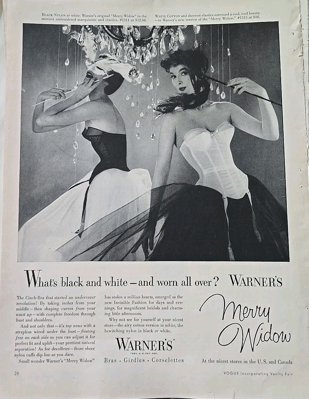 1954 women's Warner's Merry Widow Black White Bras Mask vintage fashion ad