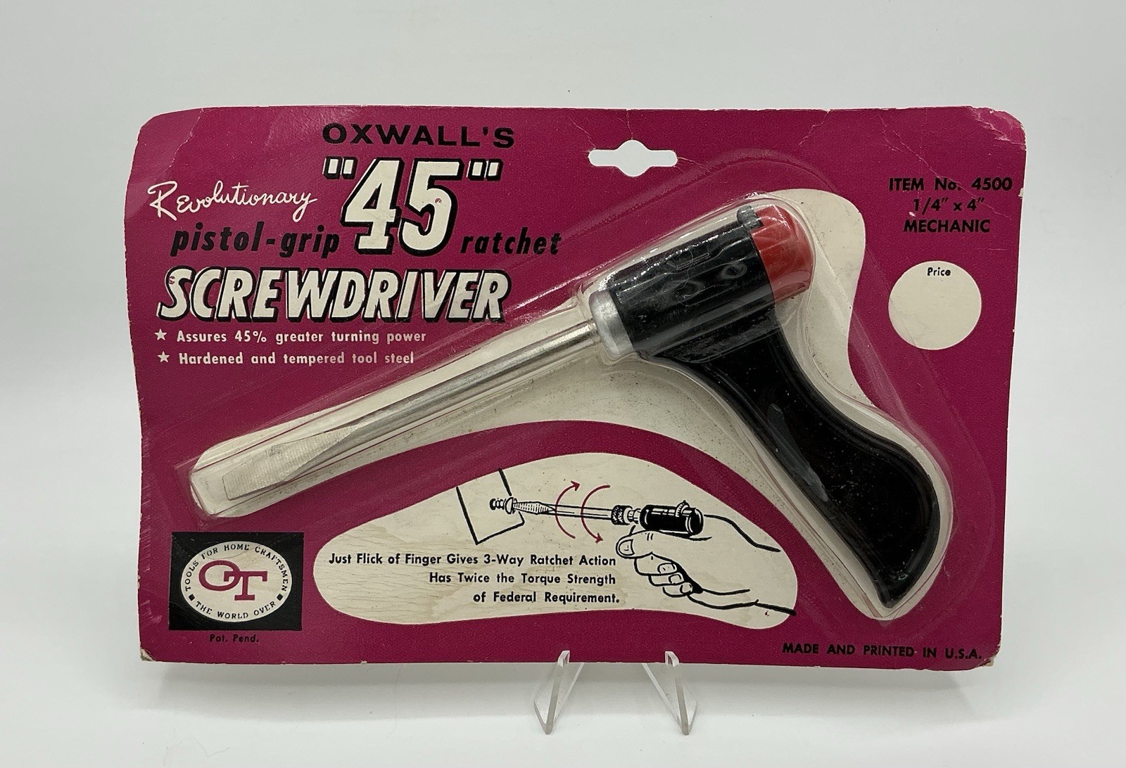 Vtg Oxwall’s “45” Pistol Grip Ratcheting 1/4” x 4” Screwdriver #4500 NEW SEALED