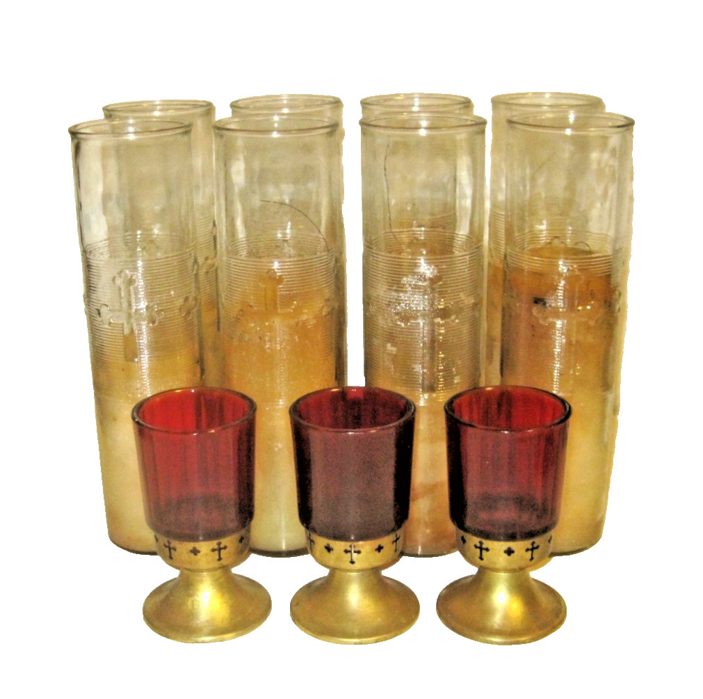 8 Vtg 1930s Christian Devotional DuraGlas Candle Holders Cross + 3 Red Votive