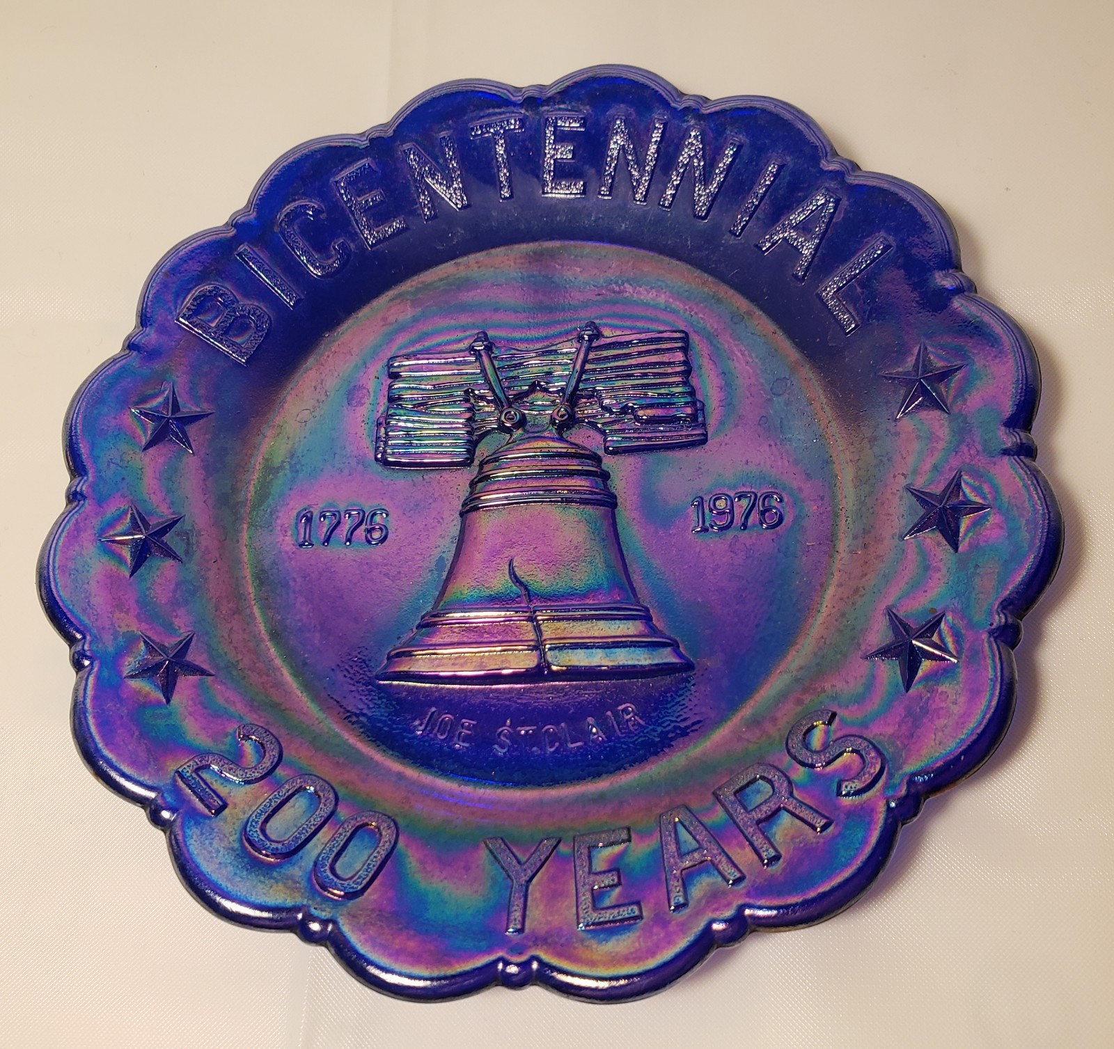 Vintage Joe St. Clair Bicentennial Iridescent Blue Carnival Glass Plate