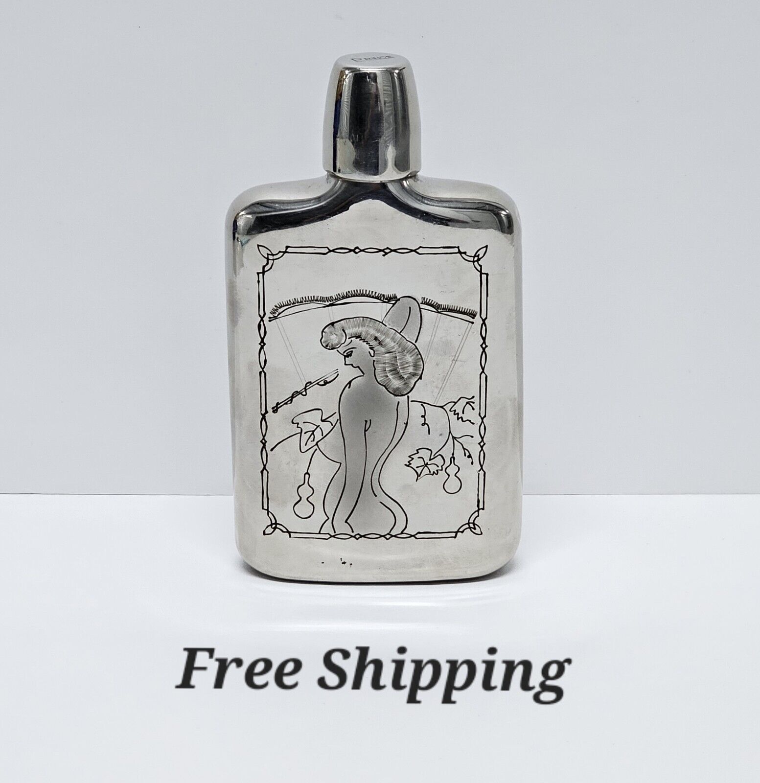 Vintage Prince Engraved Etched NUDE Women Metal Flask Screw Lid & Top Shot Glass