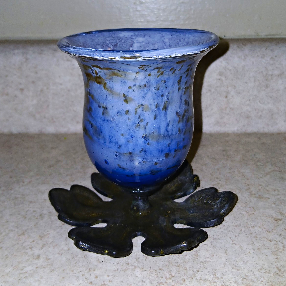 Antique Art Metal Works Glass Partylite Vade Nouveau Spelter Leaf Base Signed