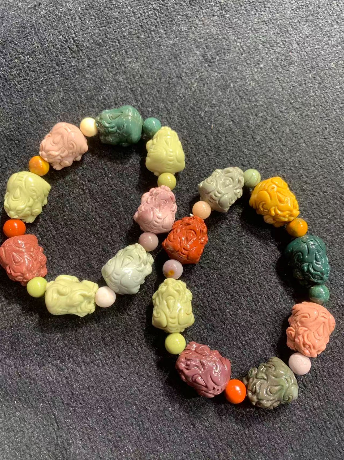 2Pcs Chinese Natural Alashan Colorful Jade Carved *Beast PiXiu* Beads Bracelets