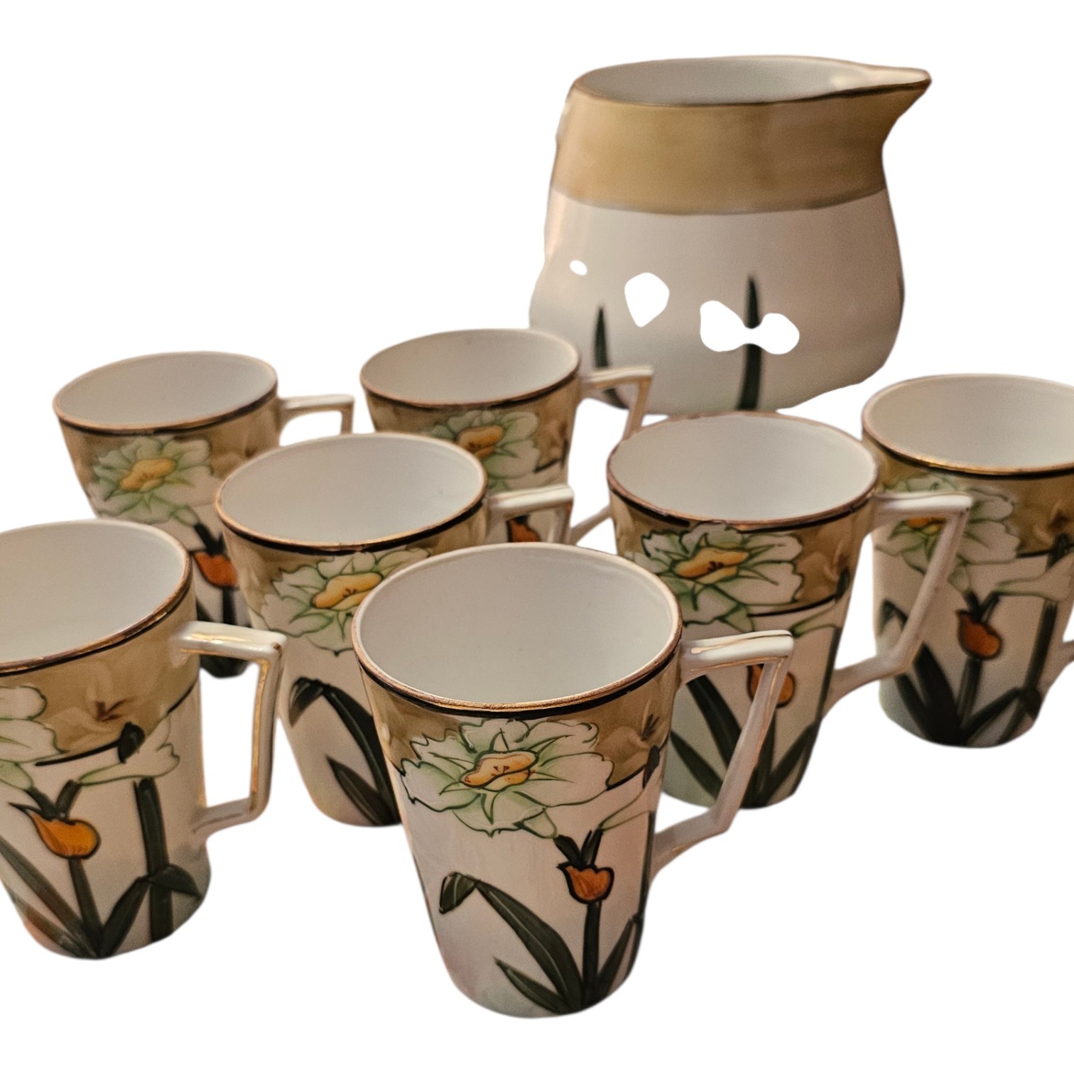  Eight-Piece  Vtg.  Nippon Porcelain Cider Set with Seven Matching 4-Inch 
