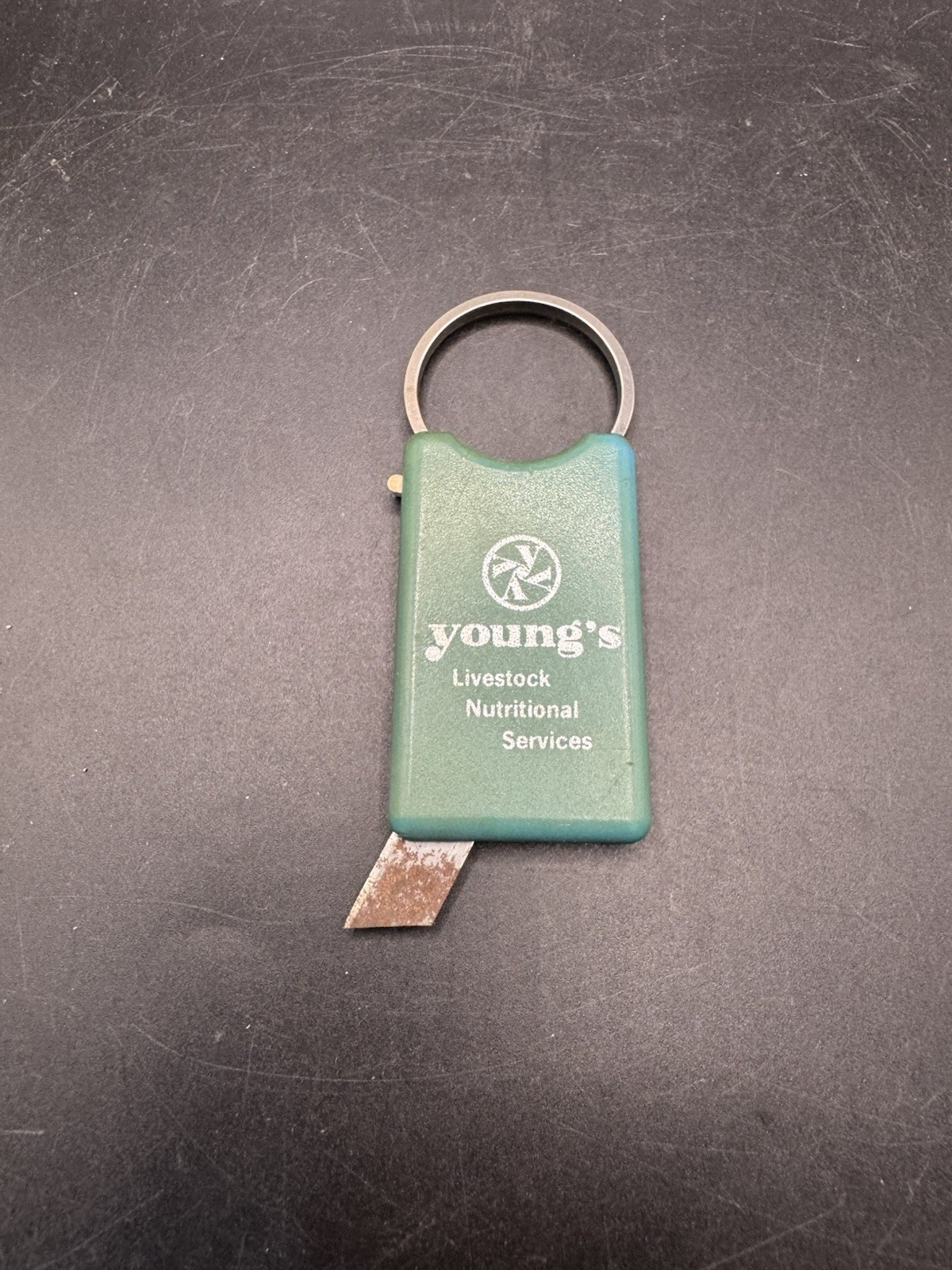 Vintage Action Line Holland Box Cutter Keychain Young's Livestock Advertising
