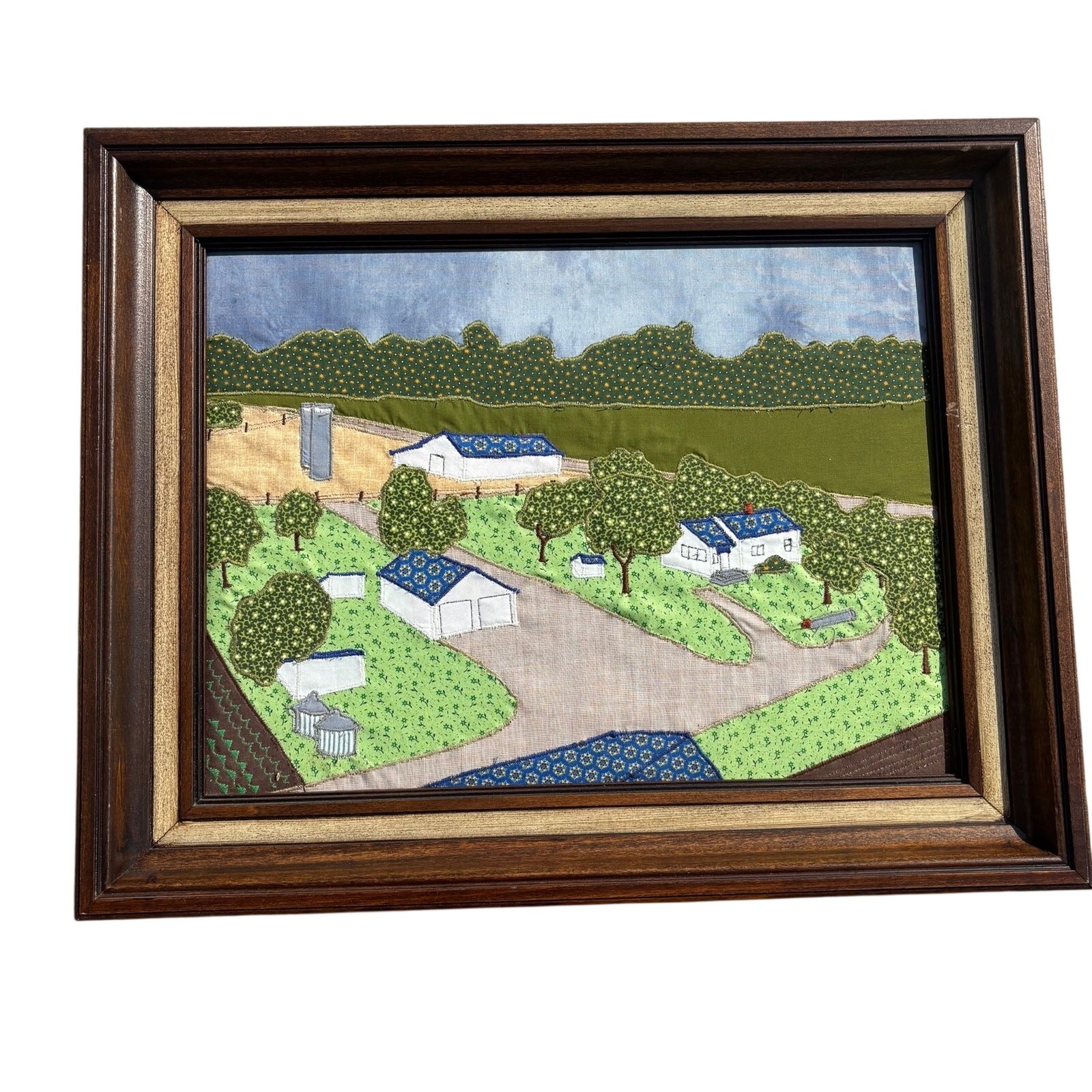 VTG Stitched Quilted Framed Farm Art Mullinville, KS 1977 w Providence 16x20\