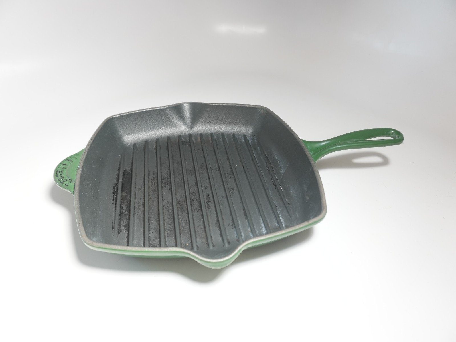 NICE LE CREUSET #26 GREEN CAST IRON SQUARE GRILL PAN GRIDDLE RIBBED SKILLET 10\