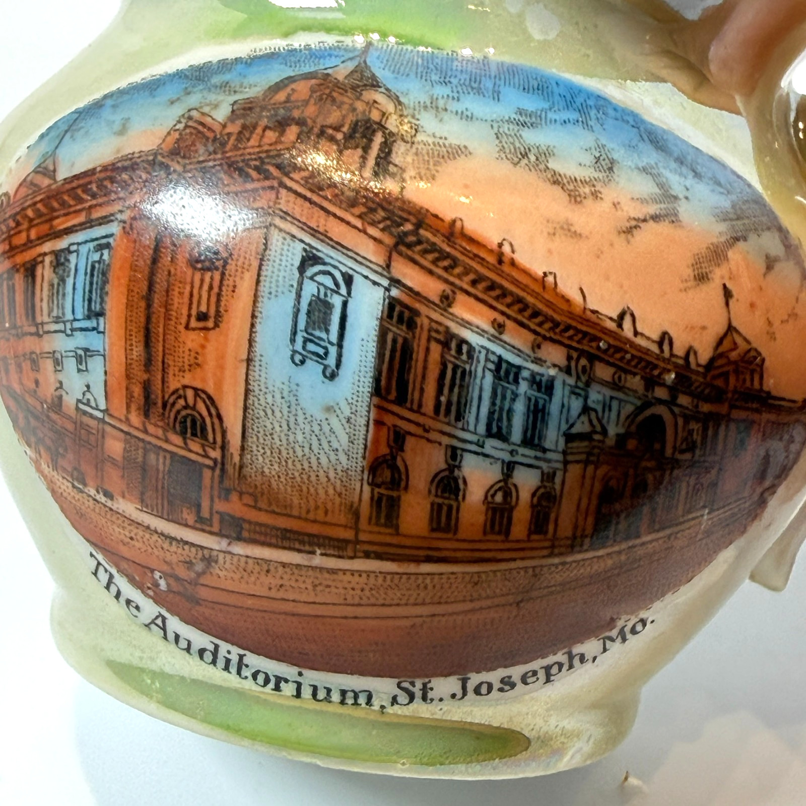 ST JOSEPH MO The Auditorium MISSOURI ANTIQUE Souvenir CHINA TRINKET PIG CUP