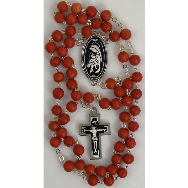 Damascene Silver Rosary Crucifix Virgin Mary Red Beads by Midas of Toledo Spain