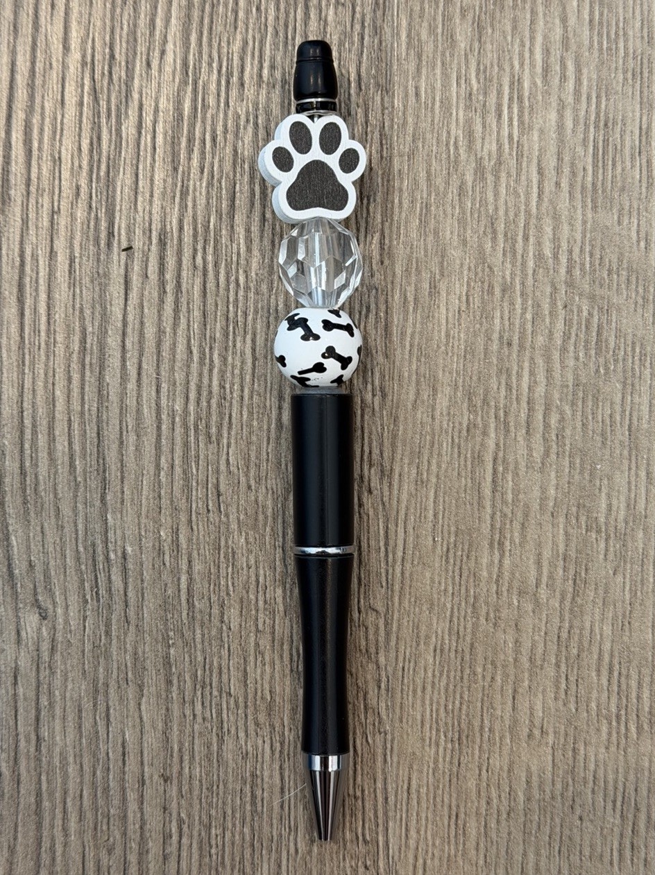 Beaded Dog Paw Print Black White Crystal  Ink Pen