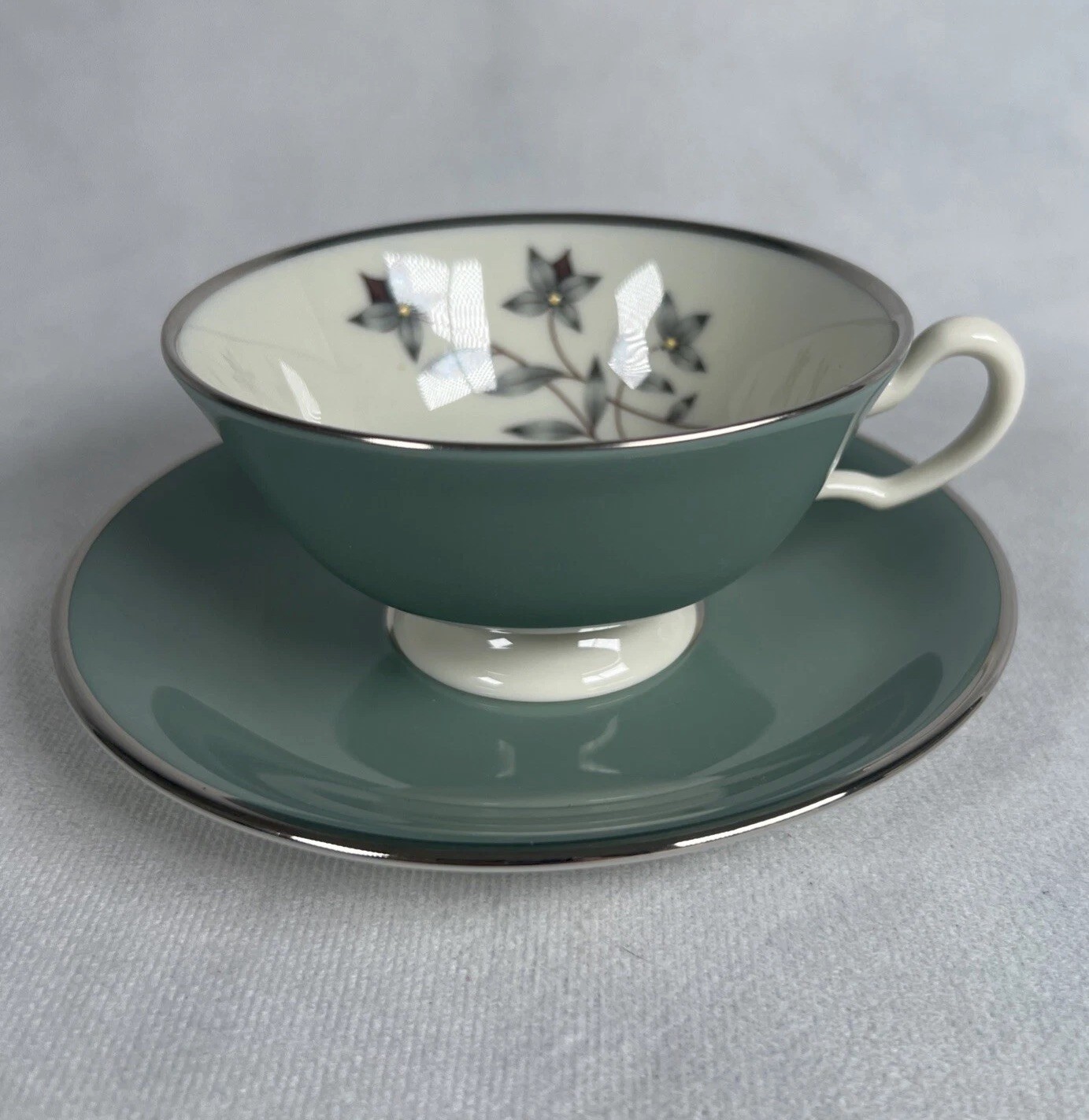 Vintage Kingsley By Lenox China Footed Tea Cup & Saucer X-445 Flowers Teal USA