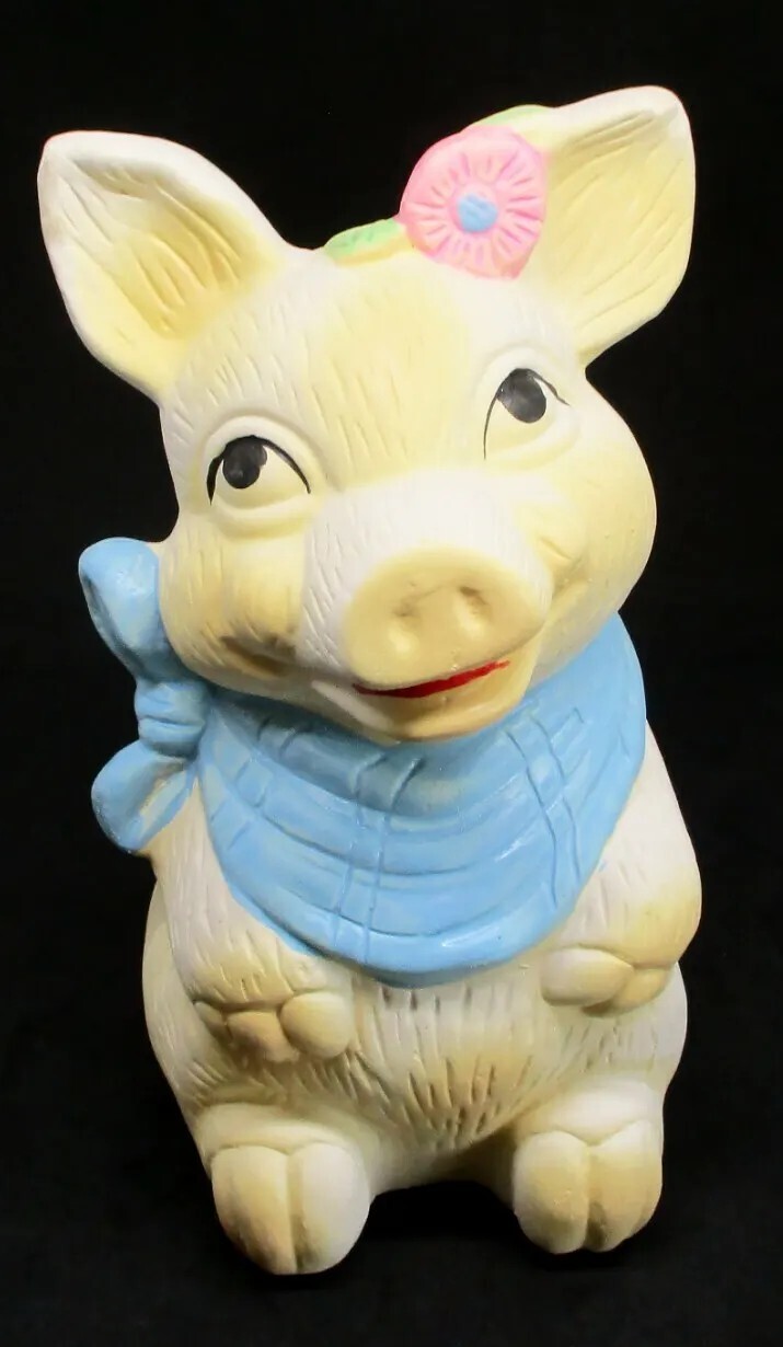 Porcelain Ceramic HP Pig Pink Flower Blue Scarf Piggy Bank with Stopper Vintage
