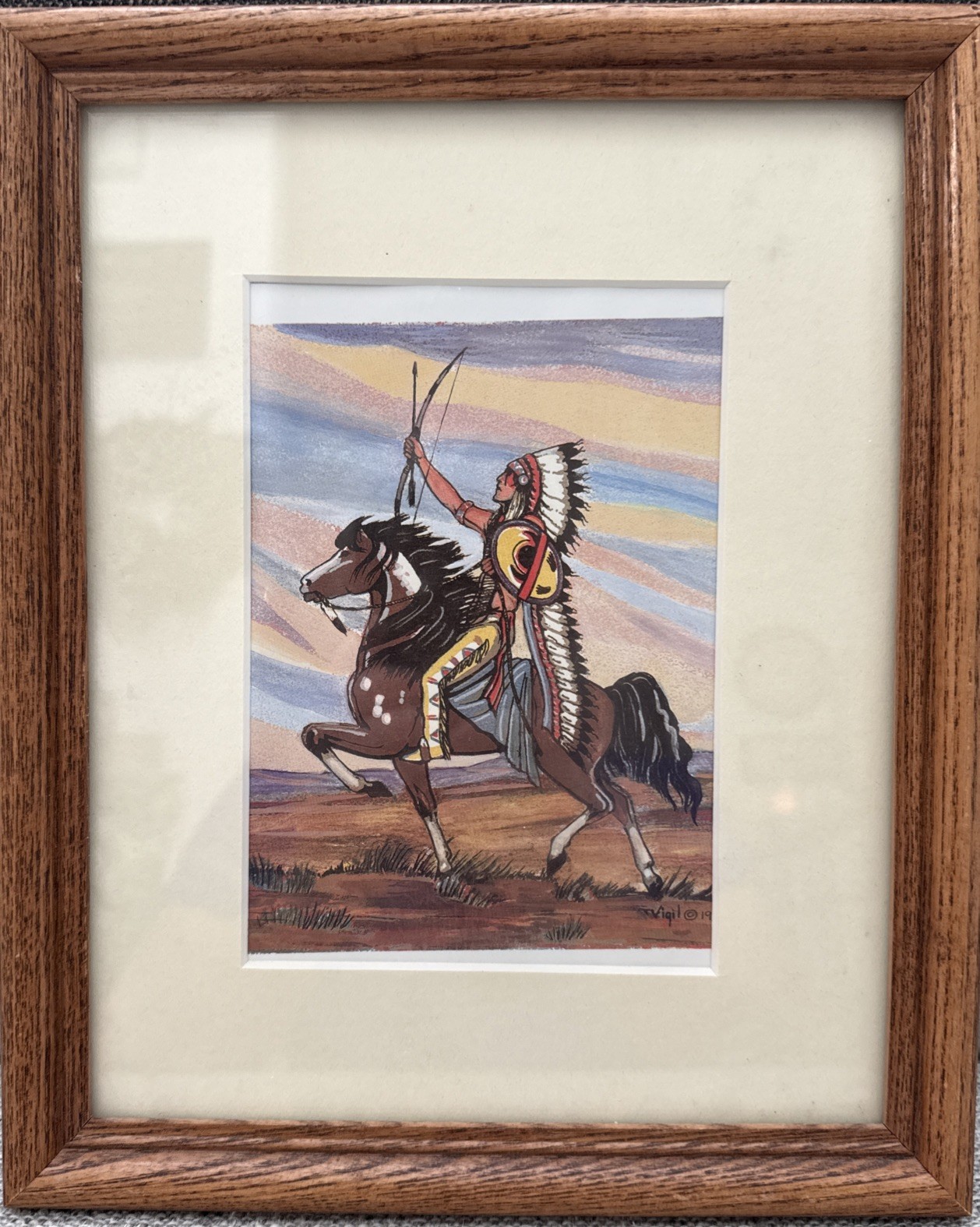 Frank Vigil Apache Silkscreen Native American Chief on Brown Mustang Horse 60s