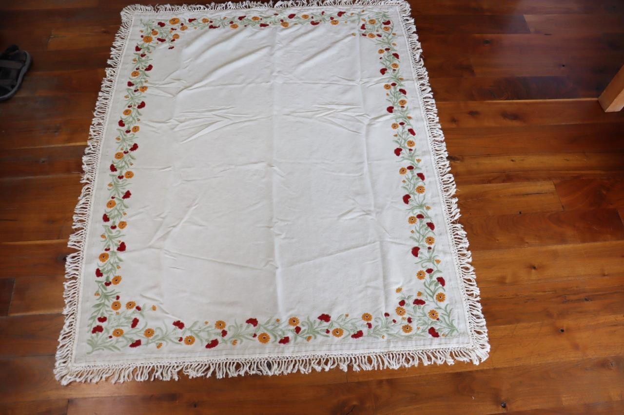 Rare 1930's-1940's French Cotton Hand Embroidered Cotton Table Cloth 72