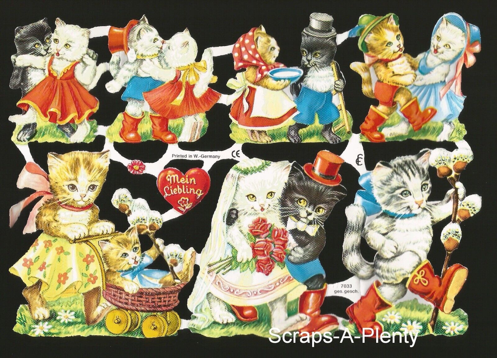 German Embossed Vintage Style Scrap Die Cut - Valentine Love Kitty Cats  EF7033