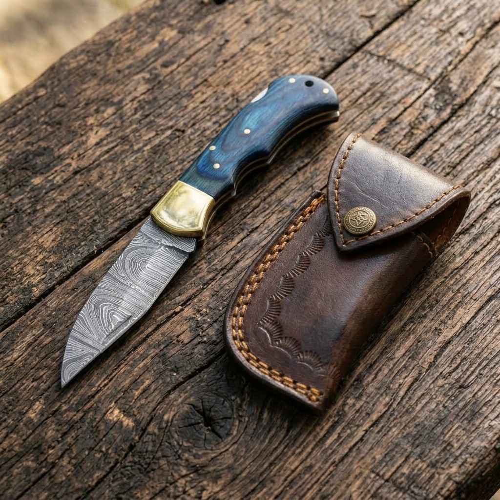 Damascus Folding Pocket Knife Blue Pakkawood Handle Brass Bolster Leather Sheath