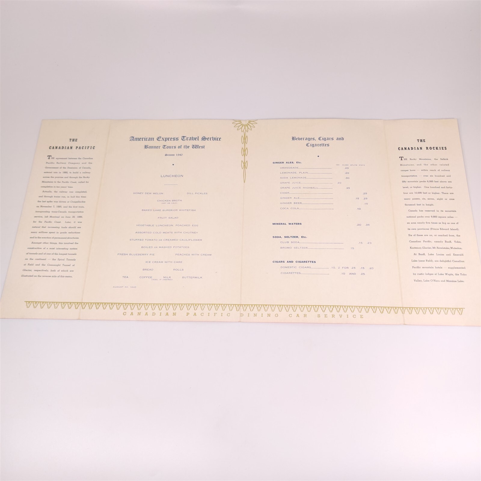 ✅ 1940 Canadian Pacific Railroad American Express Dining Car Menu Spiral Tunnel