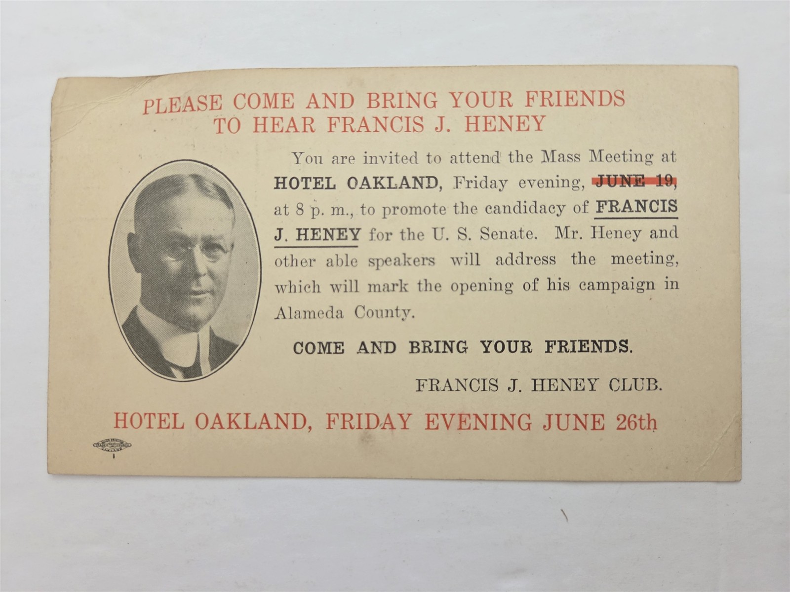 1914 antique FRANCIS J. HENEY US SENATE CAMPAIGN HOTEL oakland ca POLITICAL PC