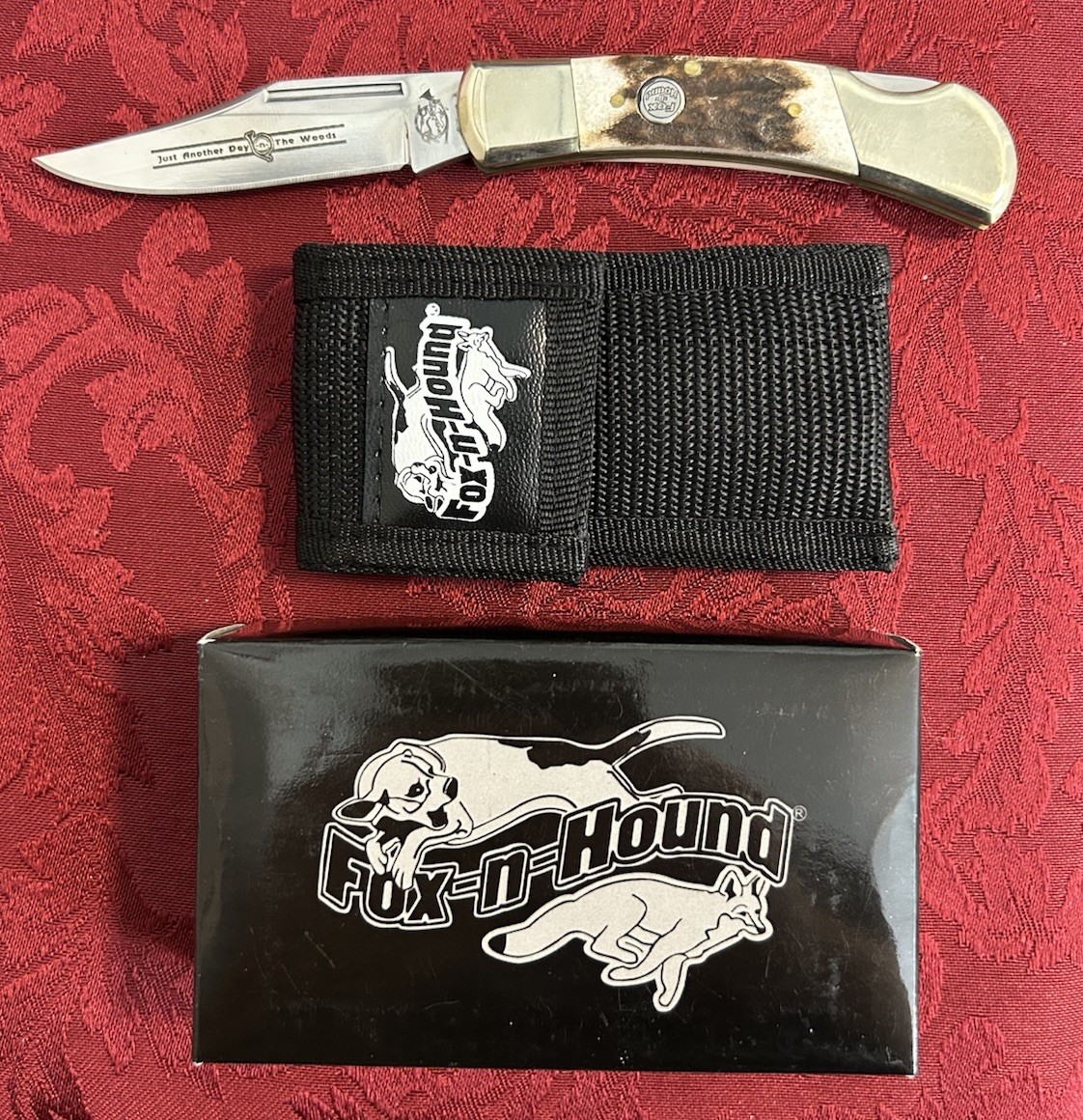 Vintage Fox-N-Hound Just Another Day In The Woods Stag Pocket Knife Clip Pt New Vintage Fox-N-Hound Just Another Day In The Woods Stag Pocket Knife Clip Pt New