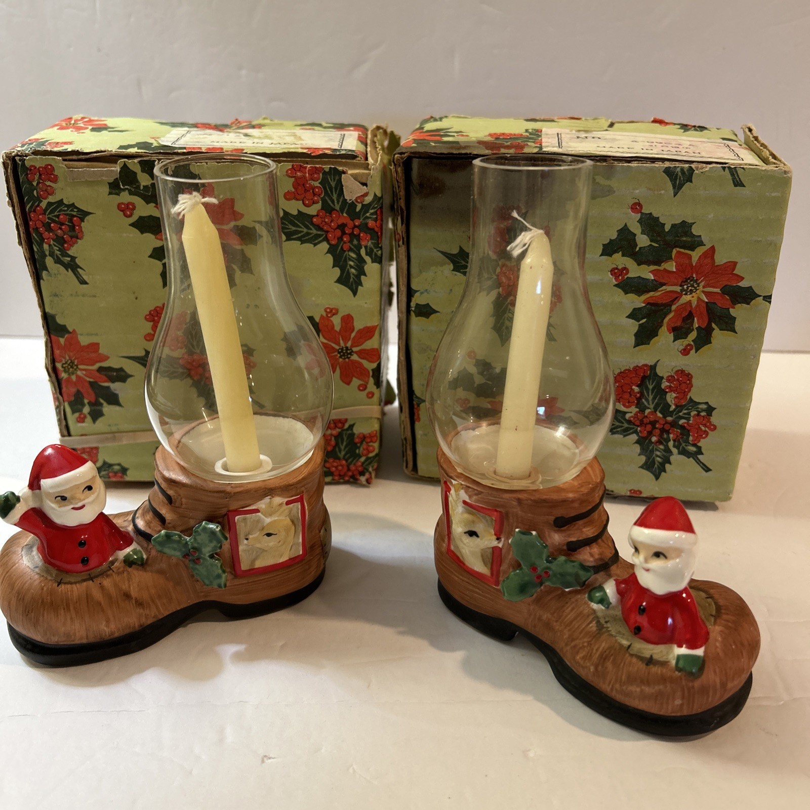 2 Vtg Napco Santa Boot X-5564 Small Candle Holder, Lamp with Hurricane Glass