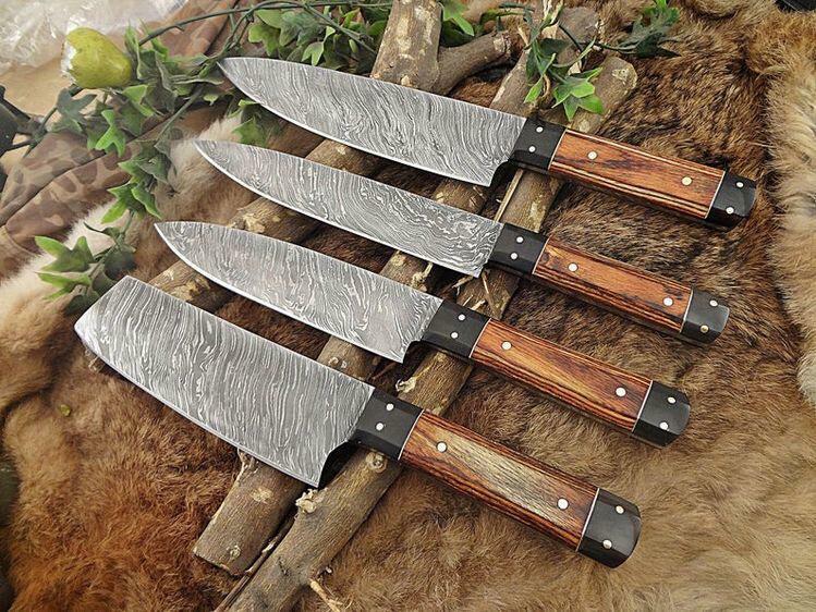 BEAUTIFUL CUSTOM HANDMADE 4 PIECES DAMASCUS STEEL HUNTING CHIEF SET.WITH SHEATH