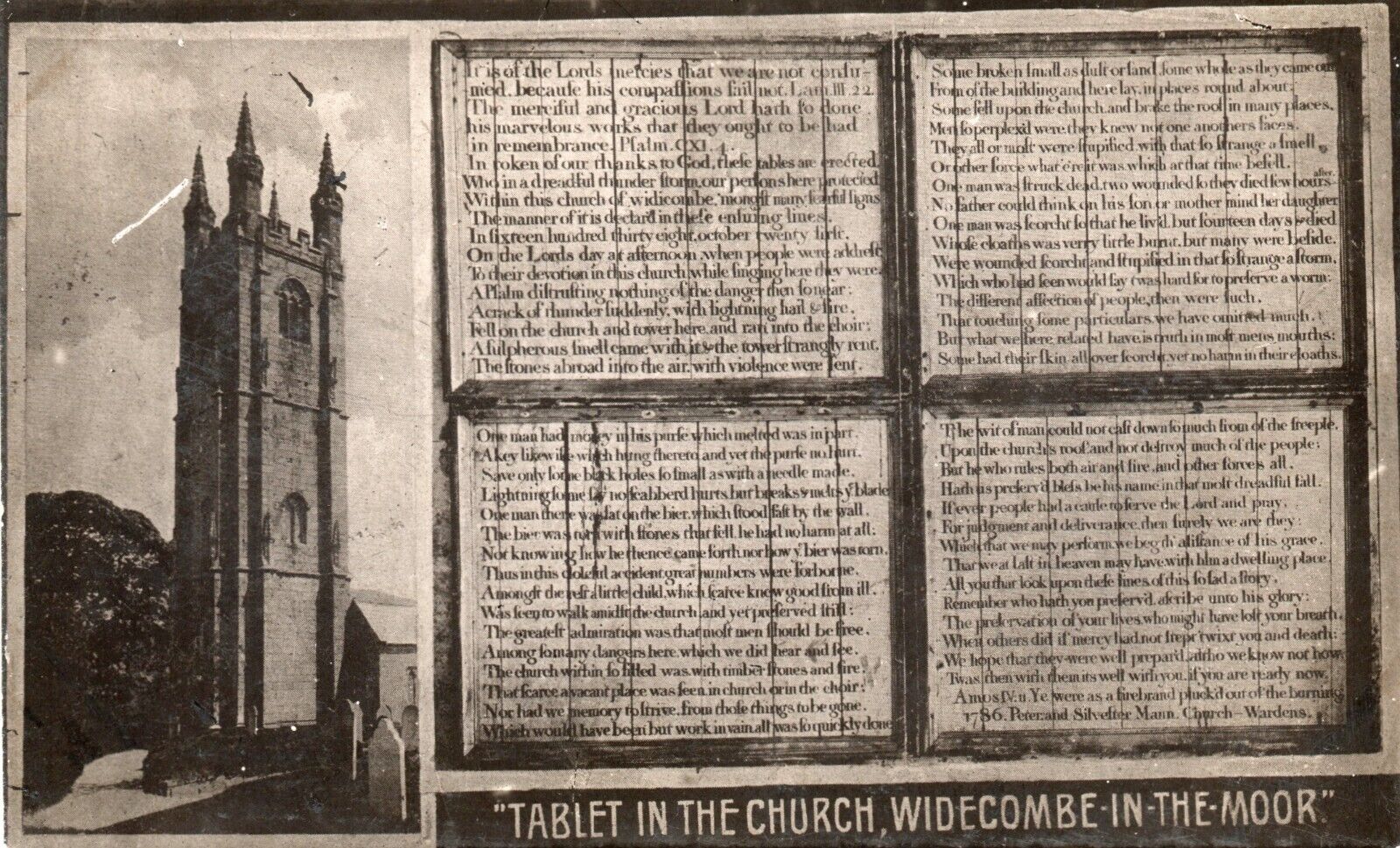 St. Pancras Church Tablet, Great Storm 1638 Widecombe-in-the-Moor, Devon England