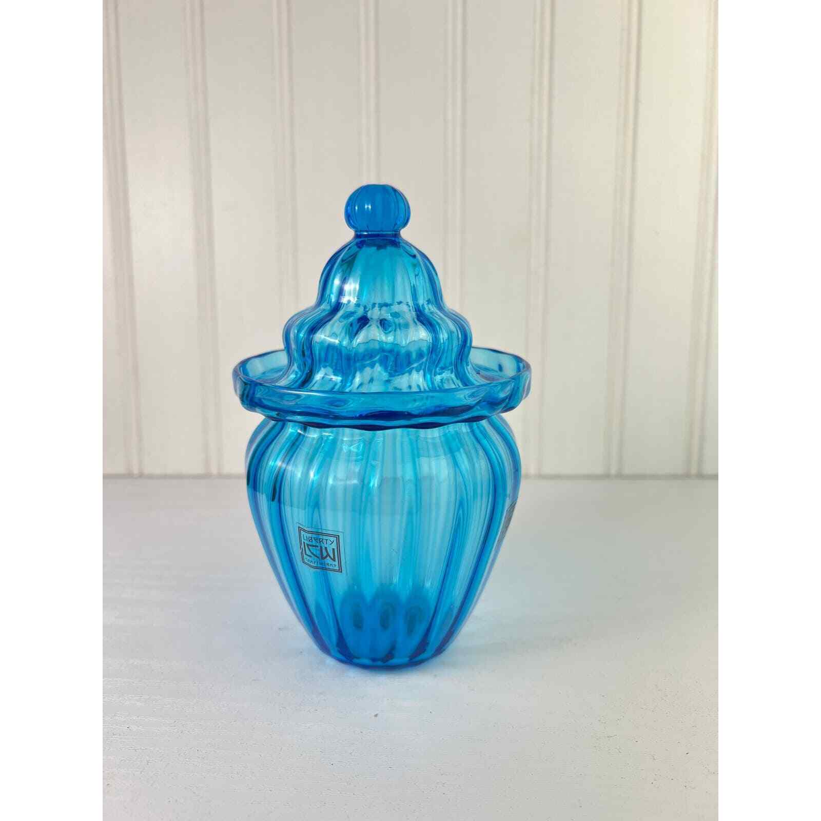 Vintage Blue Glass Liberty Craftworks  Candy Dish Greenfield Small Jar with Lid
