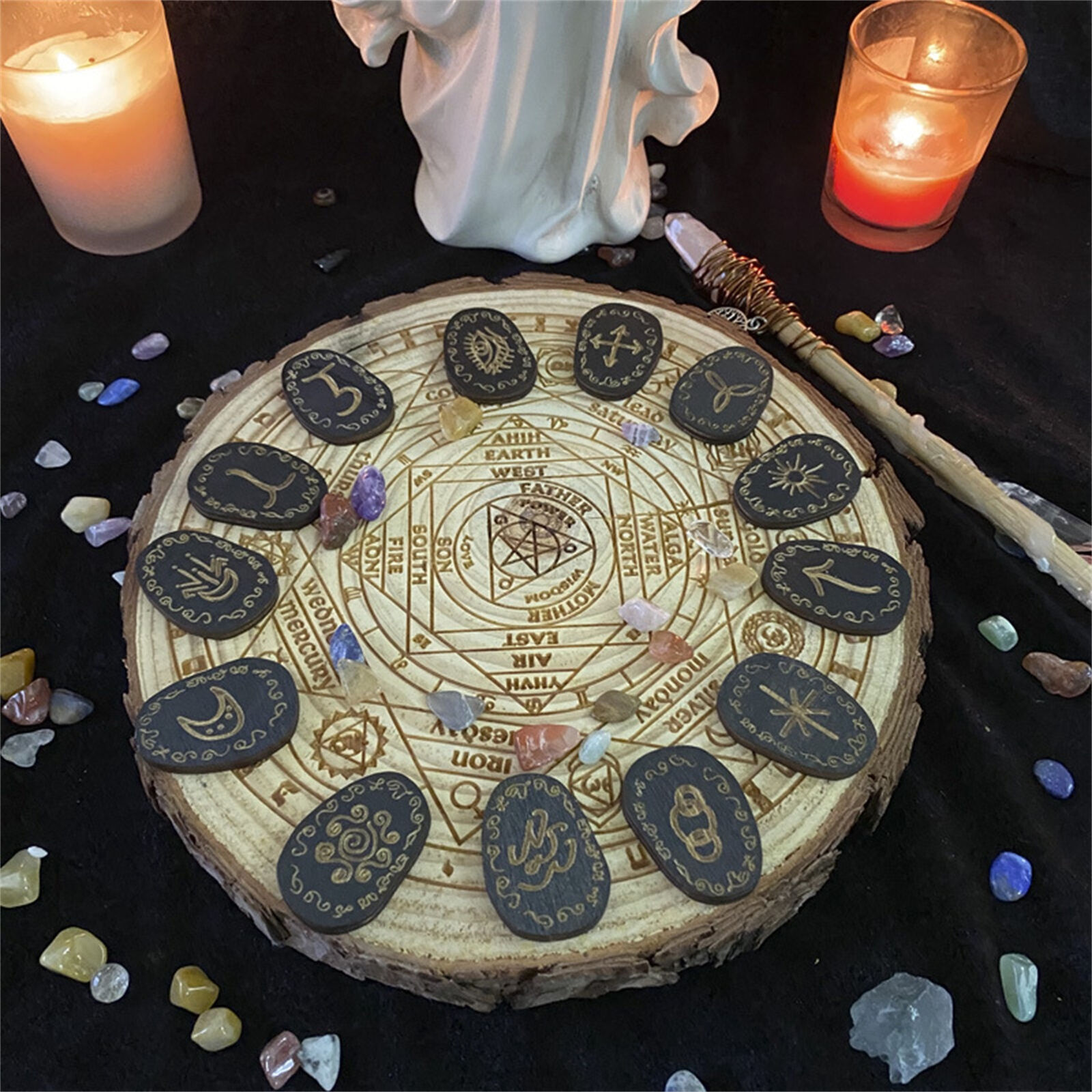 Wooden Witches Runes Stone Set, Engraved Rune Symbol For Meditation Divination
