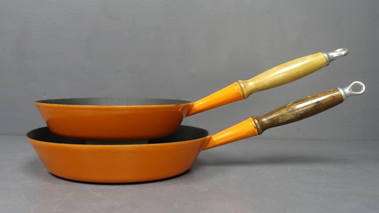 Le Creuset 2pc Vtg Orange Enamel Cast Iron 9.5