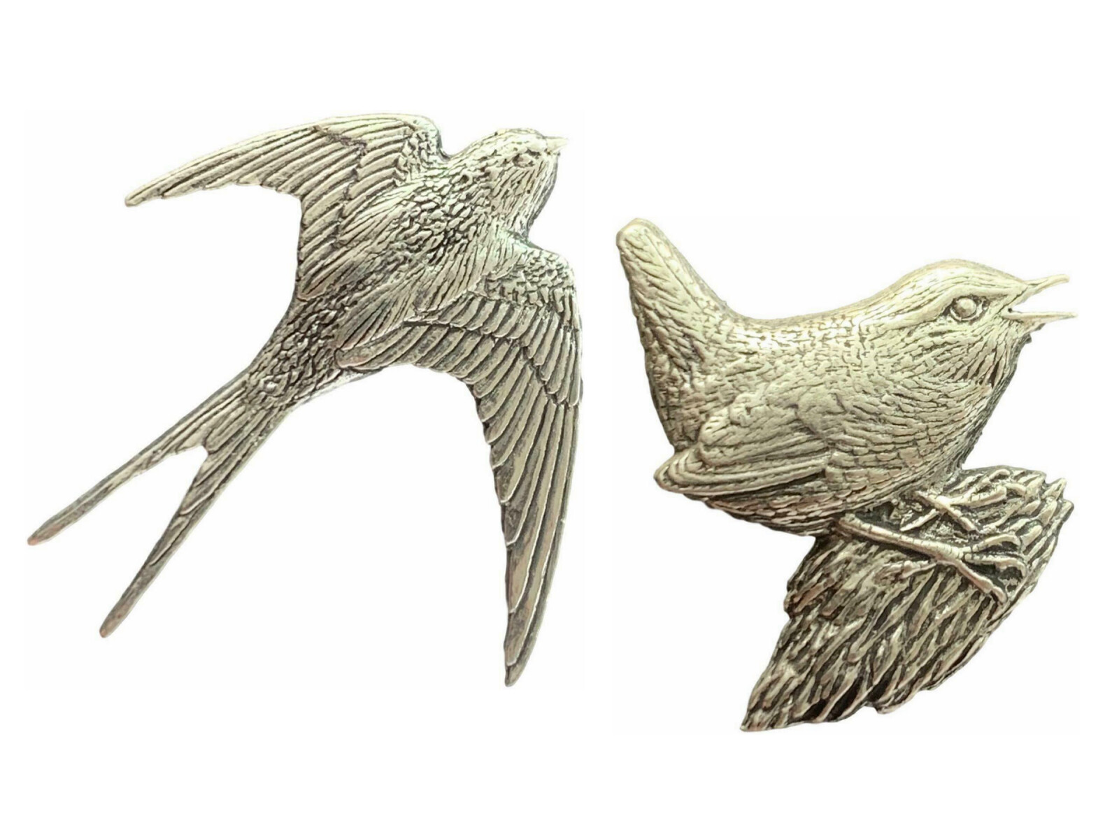Set Of 2 Swallow & Wren Birds Handcrafted In English Pewter Badges TSB B25, B6