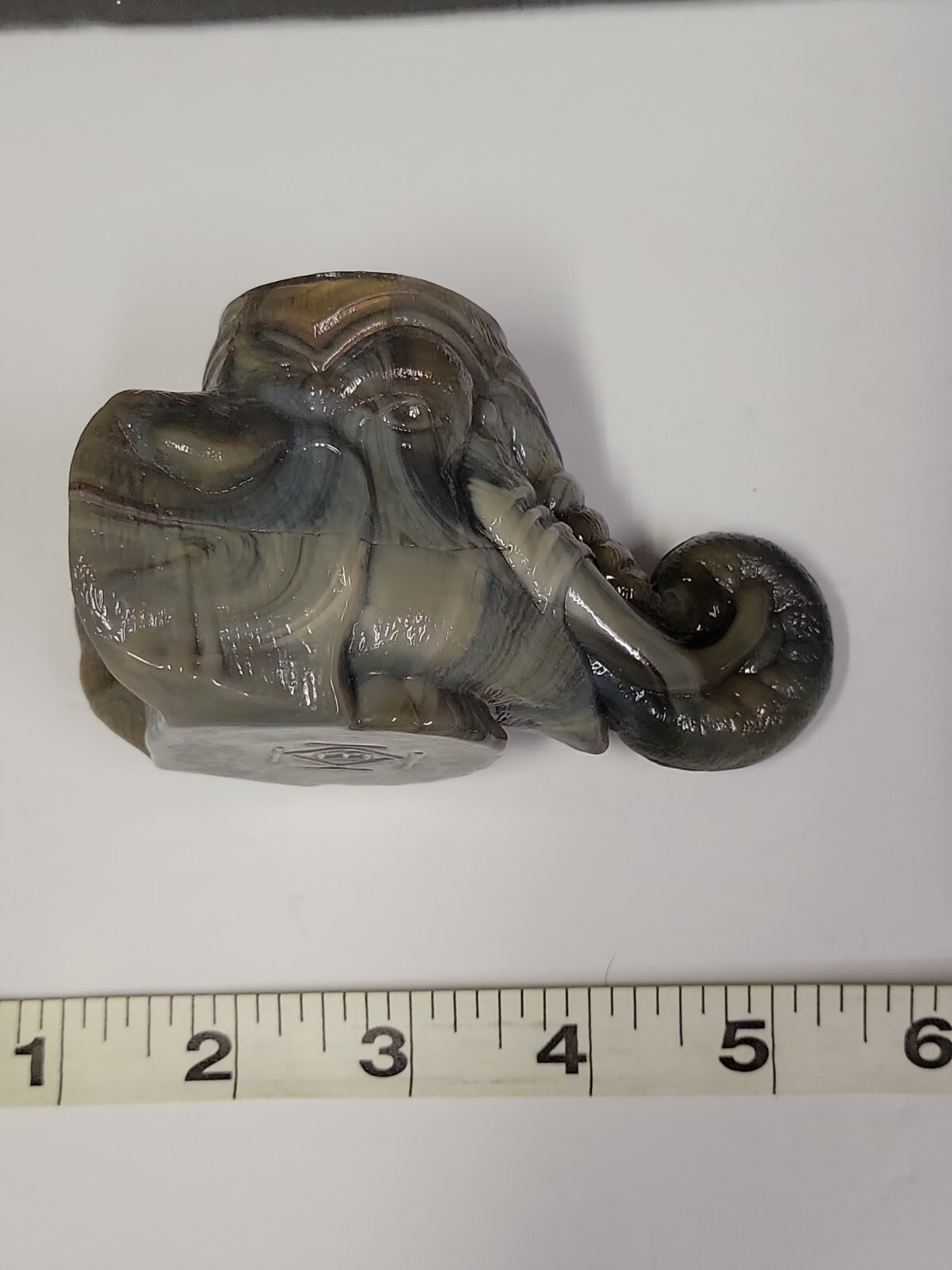 BOYD GLASS ELEPHANT HEAD TOOTHPICK HOLDER   (PECAN SLAG ) GRAY TRUNK UP