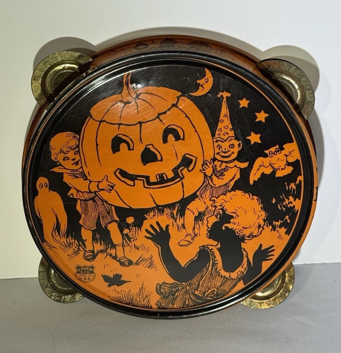 Antique Vintage Halloween Tin Litho Tambourine Noisemaker Decoration J Chein 30s