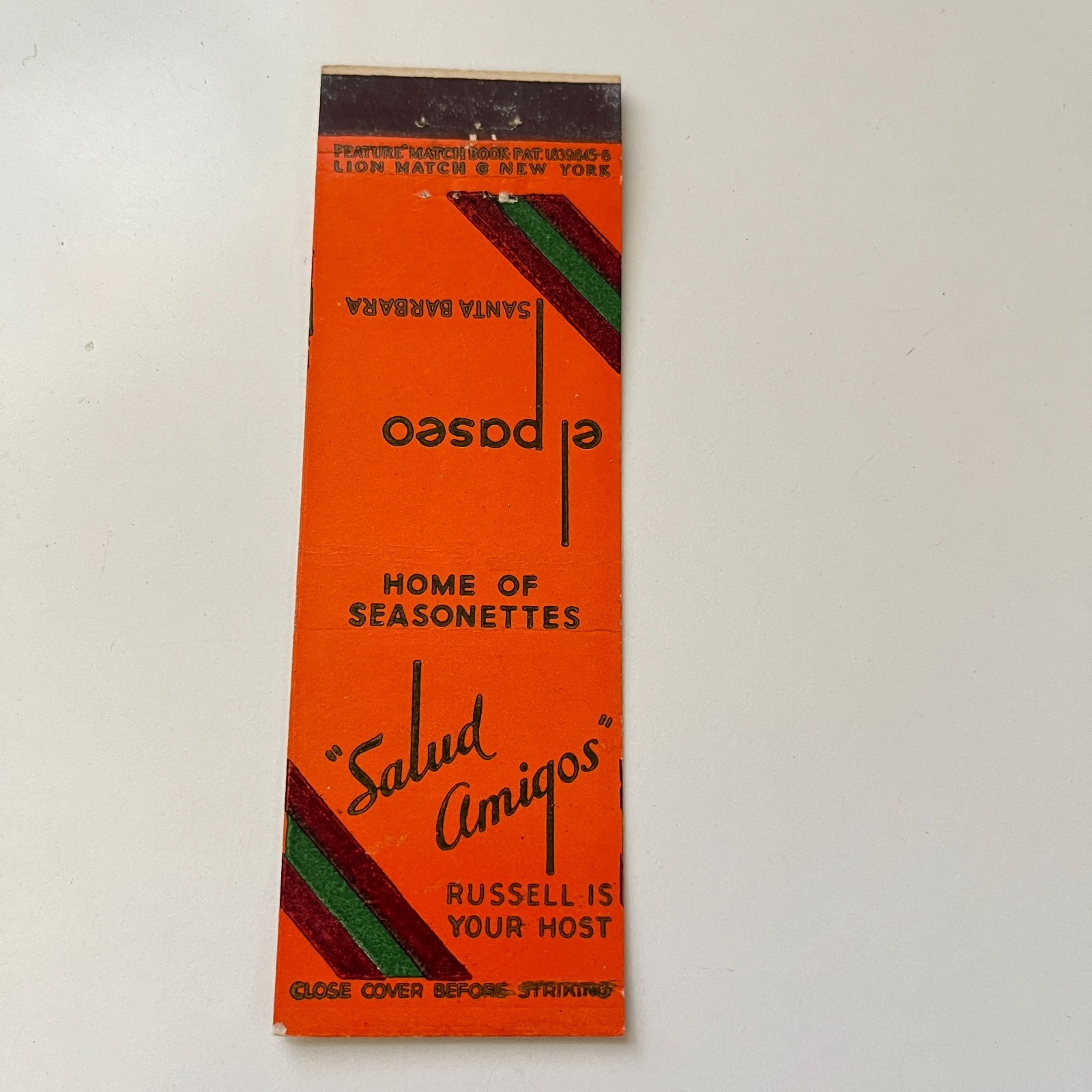Salud Amigos Home Of Seasonettes Santa Barbara Vintage Matchbook Cover 4MB73-5