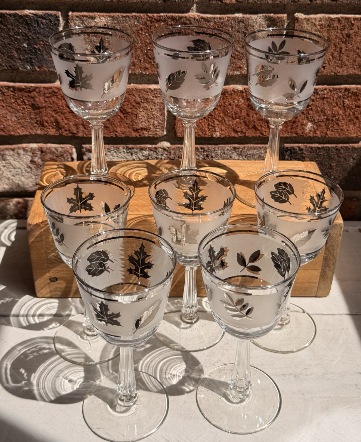 Vintage MCM Libbey Frosted Silver Leaf Stemmed Wine Glasses MCM Barware Set of 8