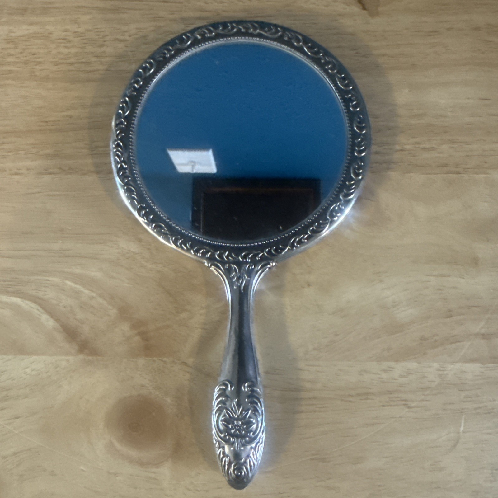 Vintage Ornate Silver Tone Hand Vanity Mirror Floral Embossed 9 3/8”