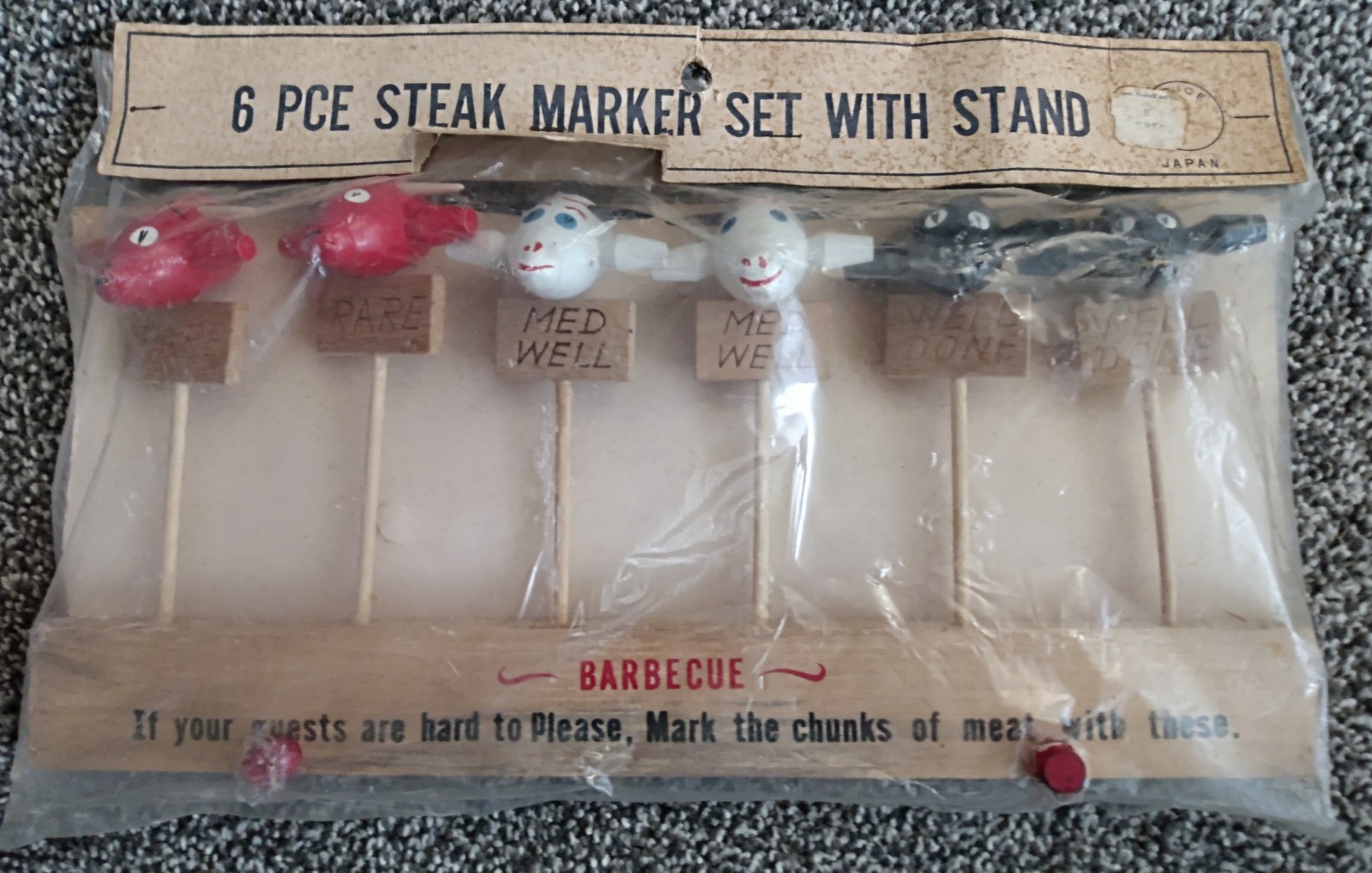 Vintage 6-piece Wooden Steak Marker Set W Stand Made In Japan Sealed New Vintage 6-piece Wooden Steak Marker Set W Stand Made In Japan Sealed New