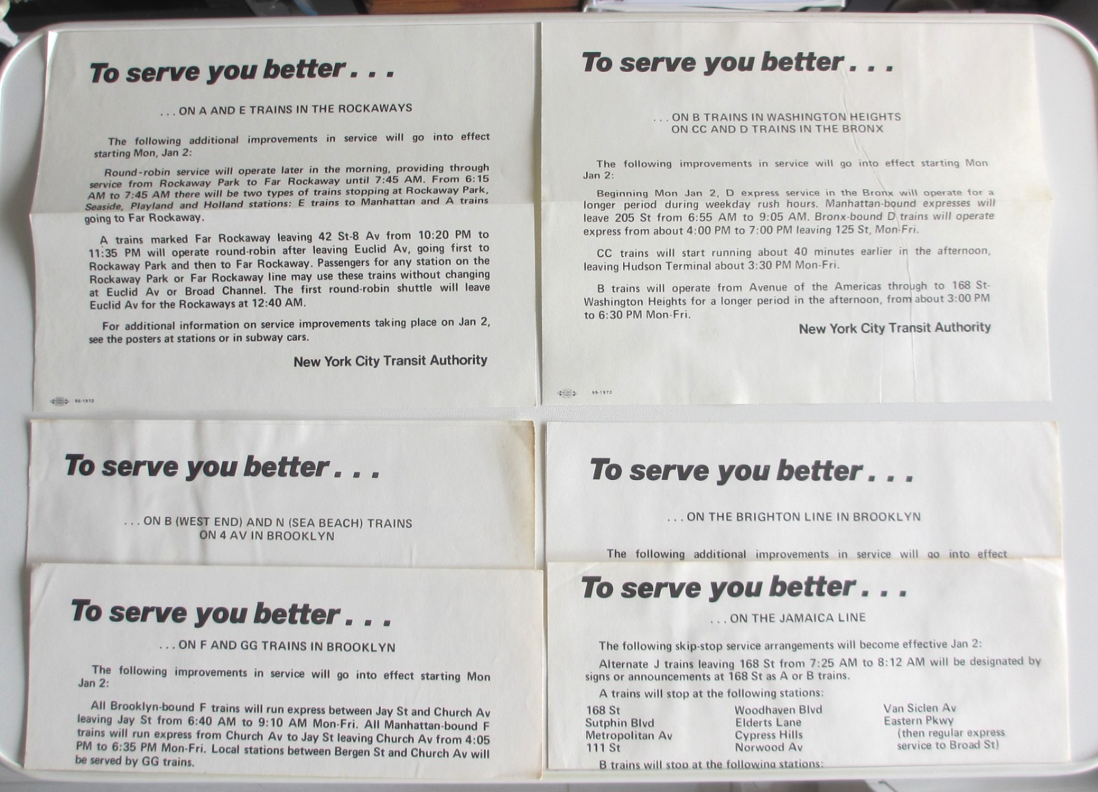 Lot of 6 Vintage 1972 New York Subway Service Notices To Serve You Better NYC