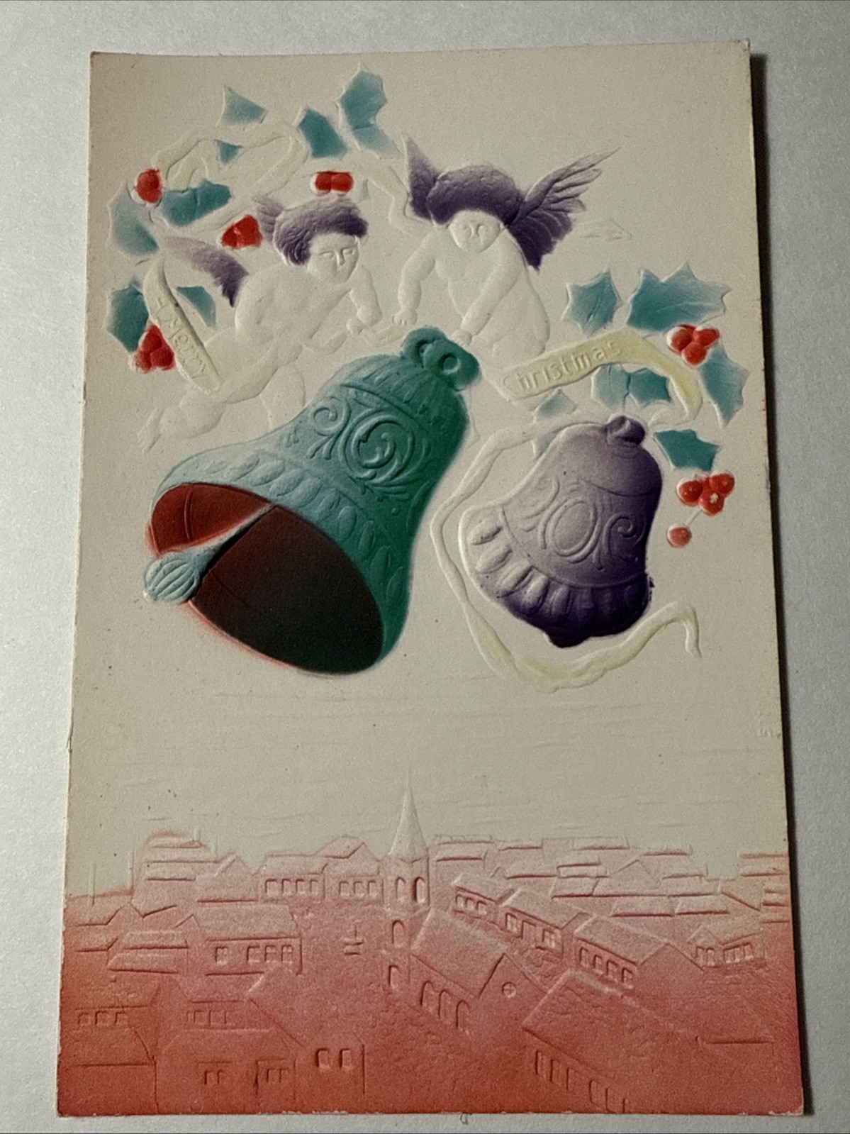 1900s Airbrushed Cherubs Christmas Bells Aerial View Embossed Postcard Unused