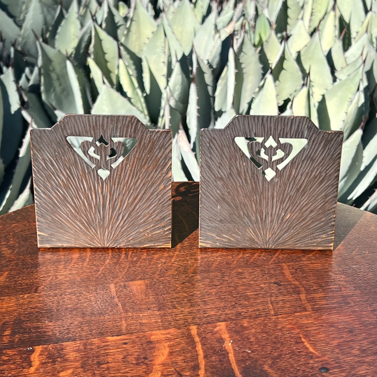 DIRK VAN ERP HAMMERED COPPER BOOKENDS CUTOUTS RADIAL CALIFORNIA ARTS & CRAFTS